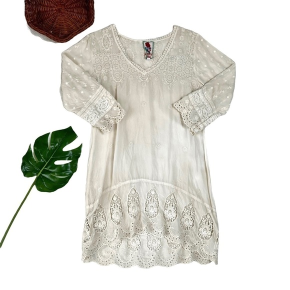 Johnny Was Boho Cream Ivory Lace Embroidered Eyelet Tunic 3/4 Sleeve Dress XS - Picture 2 of 15